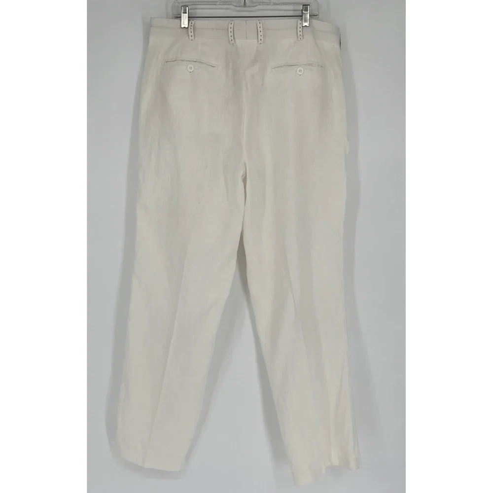 Mens Trouser Pant Linen Ivory Flat Front Sz 38 Black Stitch Detail Beach Wedding